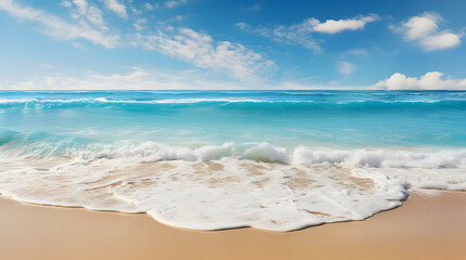 A vivid beach seascape with waves, golden sand, azure waters, and clear blue skies