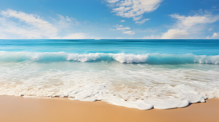 Fototapeta na wymiar A vivid beach seascape with waves, golden sand, azure waters, and clear blue skies