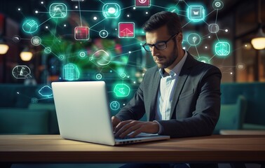 Man working on laptop with hologram background