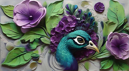 high quality 3D effect with acrylic painting of creative ideas painted for art of purple and green colored flowers and a peacock head. 