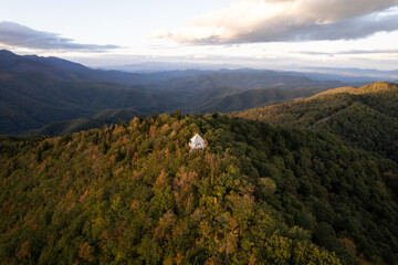 Aerial view of Historic Fire Lookout in Pisgah National Forest in Blue Ridge Mountains of North Carolina