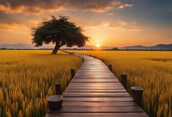 Empty wooden walk way on Gold rice field with cloudy and abstract light at sunset time landscape background stock photoFarm, Table, Backgrounds, Wood - Material, Cereal Plant