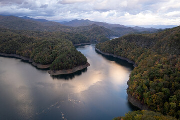 Aerial View of Fontana Lake in Smoky Mountains of Western North Carolina at Sunset