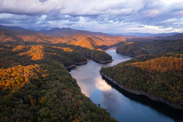 Aerial View of Fontana Lake in Smoky Mountains of Western North Carolina at Sunset - obrazy, fototapety, plakaty