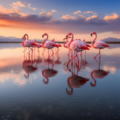 A group of flamingos wading gracefully in a shallow lagoon.