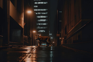 Urban Tiger Apocalypse. A tiger walking through urban ruins in a post-apocalypse like setting. Neural network AI generated art - obrazy, fototapety, plakaty