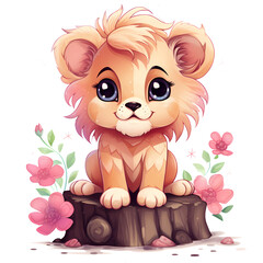 Cute Lion On Tree Stump Watercolor Clipart Illustration