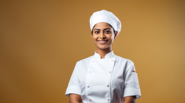 Indian female young Chef smiling and looking at camera 