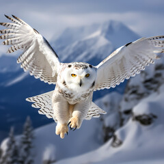 Naklejka premium A majestic snowy owl in flight against a snowy backdrop.
