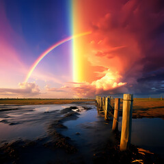 A vibrant rainbow stretching across a post-storm sky.