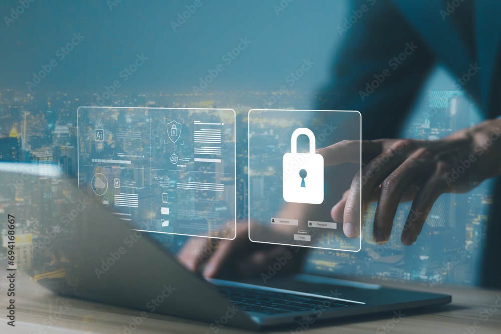 Poster lock mark cybersecurity internet. concept protect attacks from a hacker, crime, and viruses cyber. i