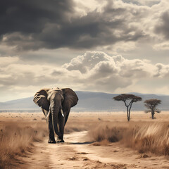 Lone elephant crossing a vast African savannah.