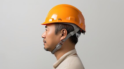 handsome Asian engineer, wearing safety helmet on white background, 