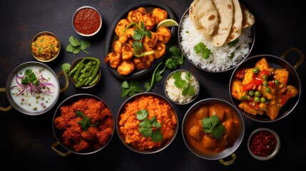 Top-down view Group of South Indian food like Masala Dosa, Uttapam,  - obrazy, fototapety, plakaty