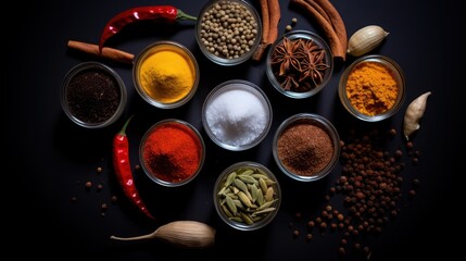 Obraz na płótnie Canvas Herbs and spices on black rough board, Indian food, 