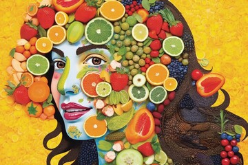 Vibrant Woman's Face Collage with Fruits and Vegetables on Yellow Background