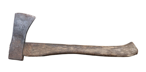 Old rust dirty dark gray axe with brown wooden handle isolated on white background with clipping path in png file format