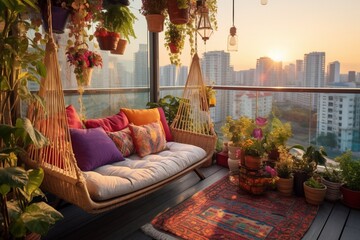 Vibrant boho balcony with floor cushions, hanging plants, and a small herb garden overlooking the cityscape