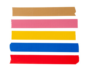 Top view set of multicolor adhesive vinyl or cloth tape in stripes isolated on white background...