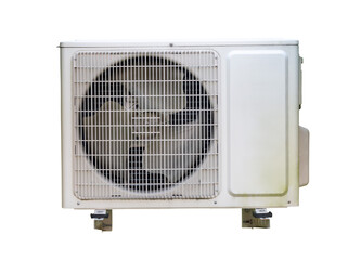 Fototapeta premium Air conditioner compressor outdoor unit isolated on white background with clipping path. Condensing unit front view