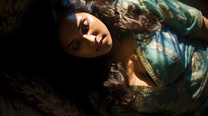 Indian girl sleeping,Young and beautiful plump  woman resting in the bedroom Natural shadows, - obrazy, fototapety, plakaty