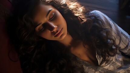 Indian girl sleeping,Young and beautiful plump  woman resting in the bedroom Natural shadows, - obrazy, fototapety, plakaty