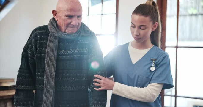 Caregiver, senior man and walking frame for home support, healthcare service and helping with mobility in retirement. ADN doctor, nurse or woman talking to elderly patient with disability and balance