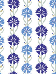 Seamless pattern with dark and light blue hand drawn cornflowers