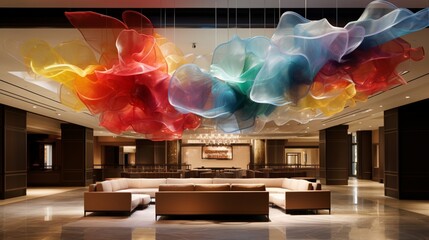 Abstract ceiling art installation with suspended elements, creating a sense of movement and fluidity in the room.