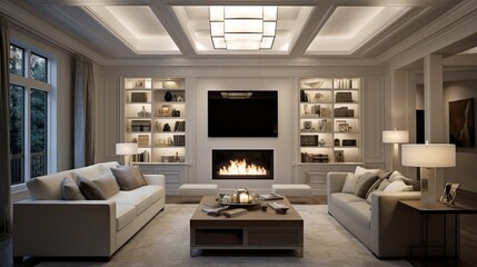 Contemporary coffered ceiling with recessed LED lighting, providing a subtle and elegant illumination to the room. - obrazy, fototapety, plakaty