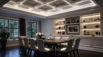 Contemporary dining space featuring a coffered ceiling design with built-in LED strips, adding a modern touch to a classic architectural element. - obrazy, fototapety, plakaty