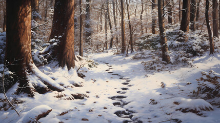 Snowy footprints leading into a dense forest