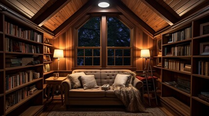 Cozy home library with a shed ceiling design, featuring built-in bookshelves and soft ambient lighting for a perfect reading retreat. - obrazy, fototapety, plakaty
