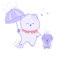 Cute cat and dog cartoon with umbrella and wear a raincoat when raining PNG