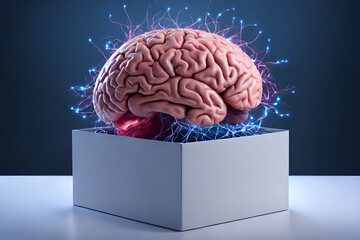 A human brain out of a box with lighted neurons showing brain activity. Concept illustration for think outside the box, creative mind, thinking smart, new unique innovative ideas and solutions.