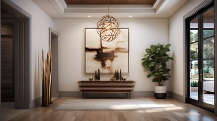 Foyer with a tray ceiling and an artistic light fixture, making a striking first impression in a modern and welcoming entryway. - obrazy, fototapety, plakaty