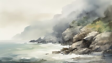 watercolor painting of coastal scenes with rugged cliffs. chinese traditional painting