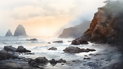 Obraz premium watercolor painting of coastal scenes with rugged cliffs. chinese traditional painting