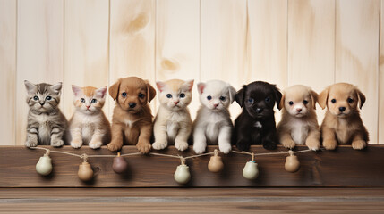Banner of puppies and kittens in row, hanging its paws at wooden banner - obrazy, fototapety, plakaty