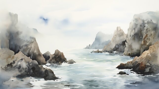 watercolor painting of coastal scenes with rugged cliffs. chinese traditional painting