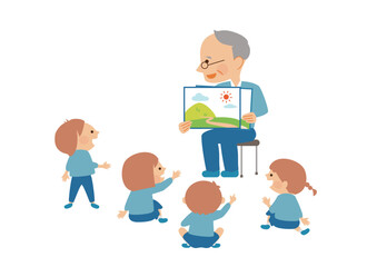 Obraz premium 紙芝居 読み聞かせをするシニアと幼稚園児たち イラスト素材