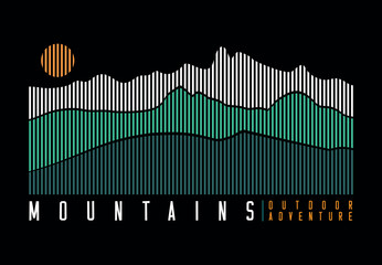 Illustration of mountain range silhouettes in graphic style, consisting of parallel lines. Design for printing on t-shirts, posters and etc... - obrazy, fototapety, plakaty