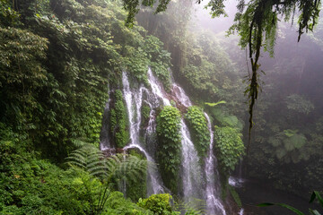 Beautiful waterfall in the jungle of southeast asia. A stream of water falls from high cliffs,...
