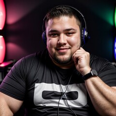overweight chubby gamer who love to play online video game smiling and having fun in a gamer room