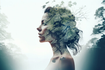 Double exposure of a woman and tree in the forest, Generative AI