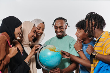 A diverse group of students is gathered around a globe, engrossed in exploration and study, their vibrant energy captured against a pristine white background, symbolizing unity and curiosity in their