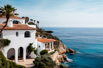 Elegant Mediterranean-style villa perched on a cliff, featuring white stucco walls, dark blue shutters, and a terracotta-tiled roof, overlooking the deep blue sea.





