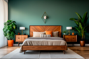 Mid-century modern bedroom: Geometric accent wall, platform bed, and vintage decor, encapsulating a stylish and timeless design.
