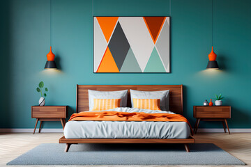 Mid-century modern bedroom: Geometric accent wall, platform bed, and vintage decor, encapsulating a stylish and timeless design.
