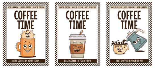 Funky groovy cartoon character Coffee poster set. Vintage funny mascot patch fast psychedelic smile and emotion. Design art for cafe, bar, restaurant. Comic trendy vector illustration 90s style